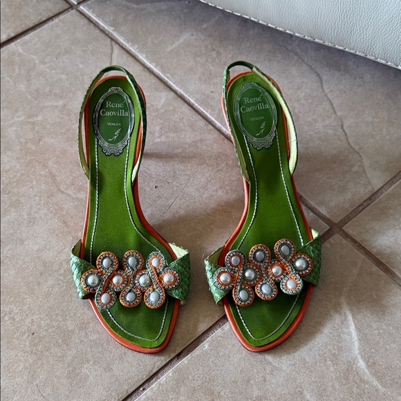 Rene Caovilla Green and Orange Embellished Sandals size 37 made in Italy used - Picture 1 of 17